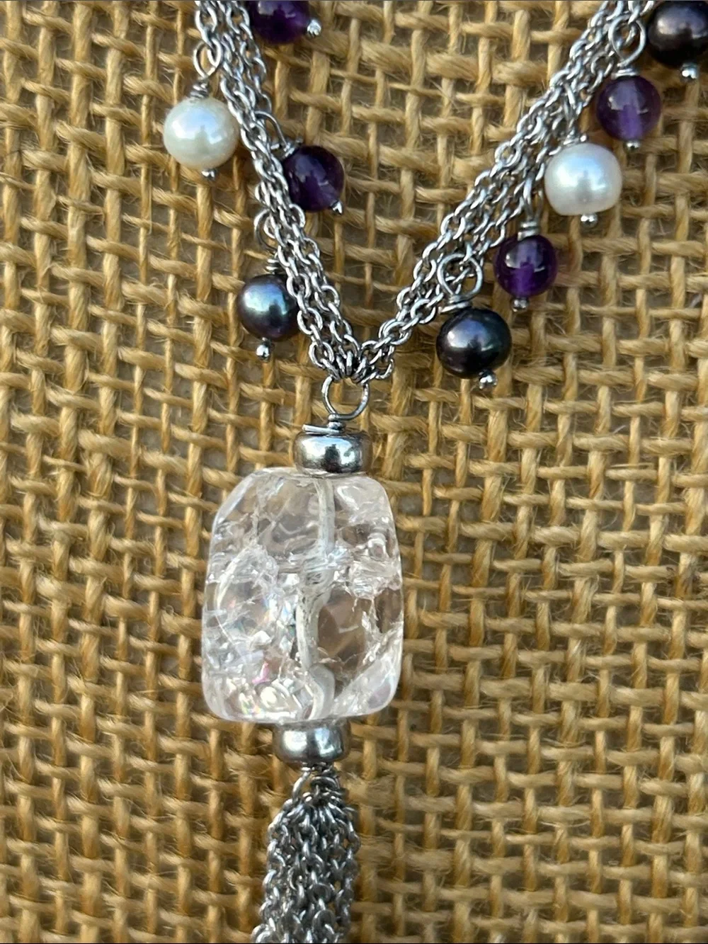 Multi-Strand Glass Crystal and Faux Pearls Lariat Necklace - Picture 6 of 11